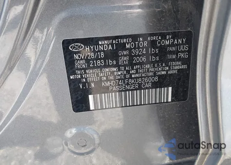 2019 Hyundai Elantra Se из США, поврежденный, VIN KMHD74LF8KU826008